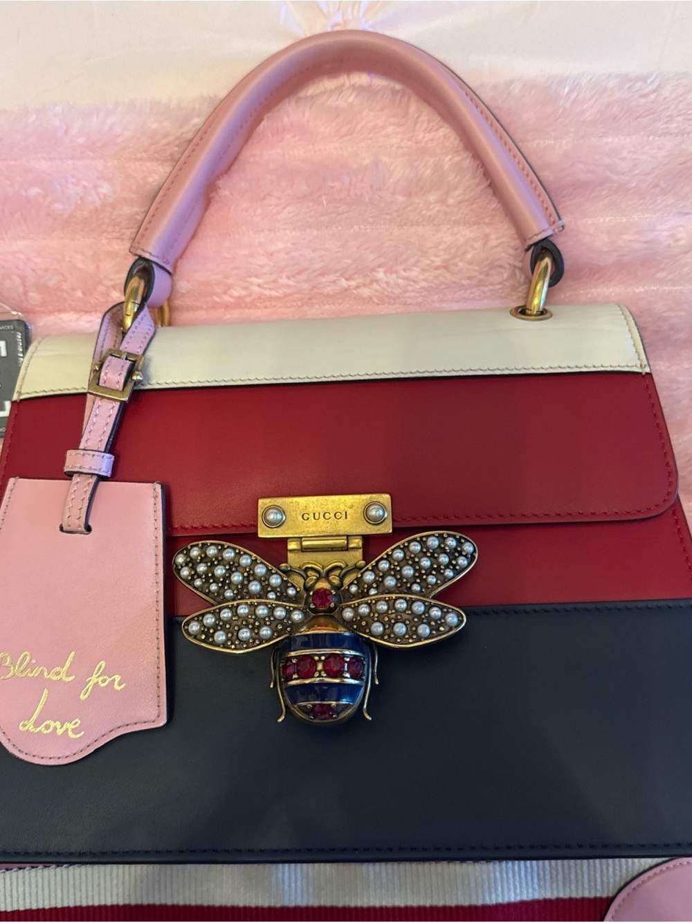 Gucci Tricolor Bee-Embellished Top Handle Satchel in Pink, Red & Black